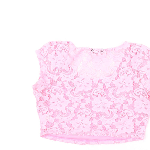 Select Womens Pink Polyester Cropped T-Shirt Size 14 Scoop Neck