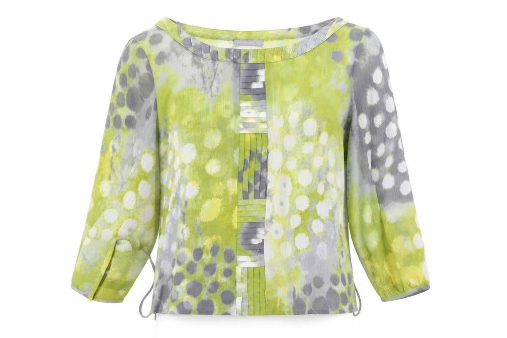 Front view of Marks & Spencer women’s green geometric polyester basic blouse, size UK 10, scoop neck
