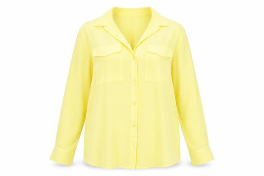 Front view of Marks & Spencer women’s yellow polyester basic button-up, size UK 12, collared