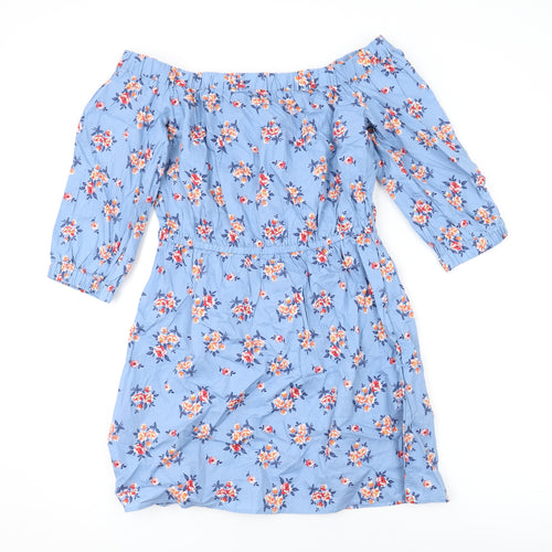 Divided by H&M Womens Blue Floral Cotton Mini Size 12 Off the Shoulder Pullover