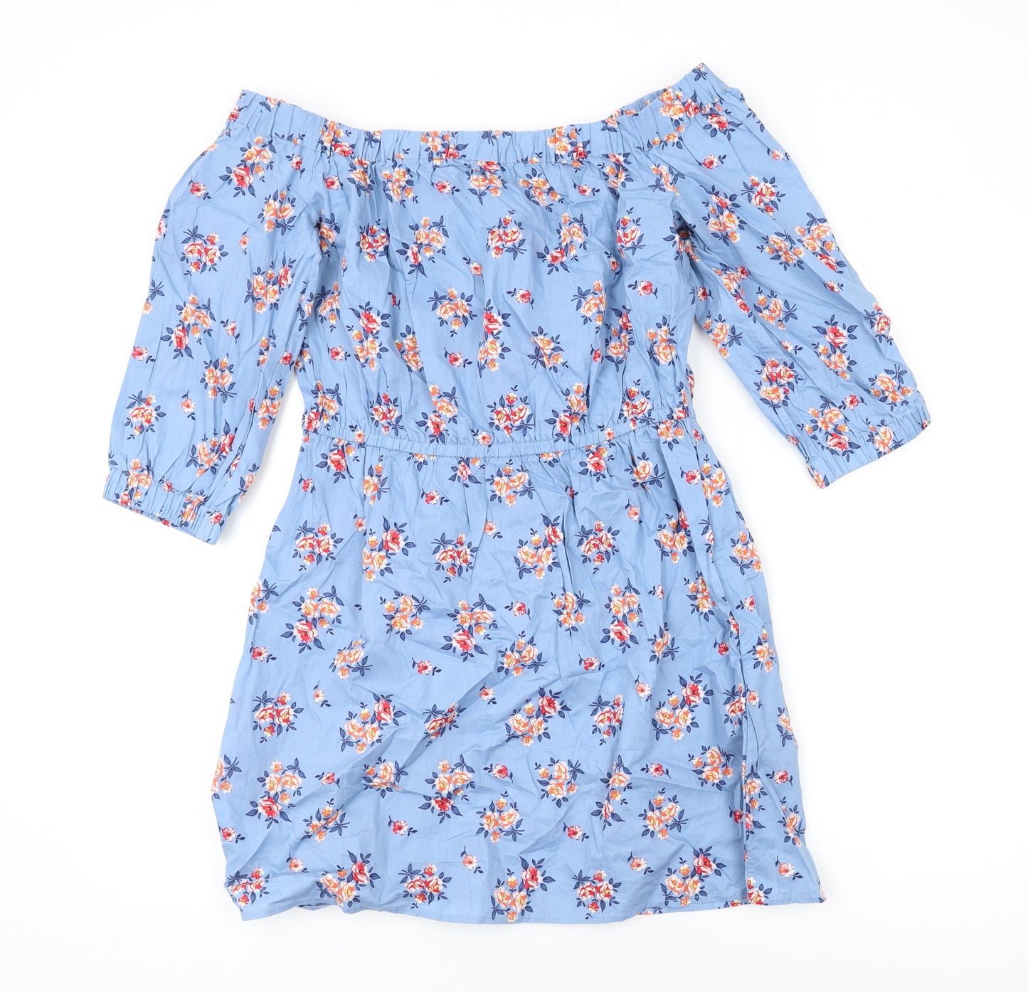 Divided by H&M Womens Blue Floral Cotton Mini Size 12 Off the Shoulder Pullover