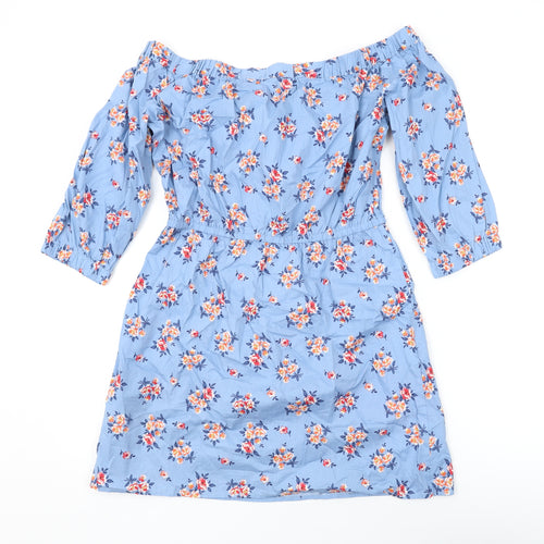 Divided by H&M Womens Blue Floral Cotton Mini Size 12 Off the Shoulder Pullover
