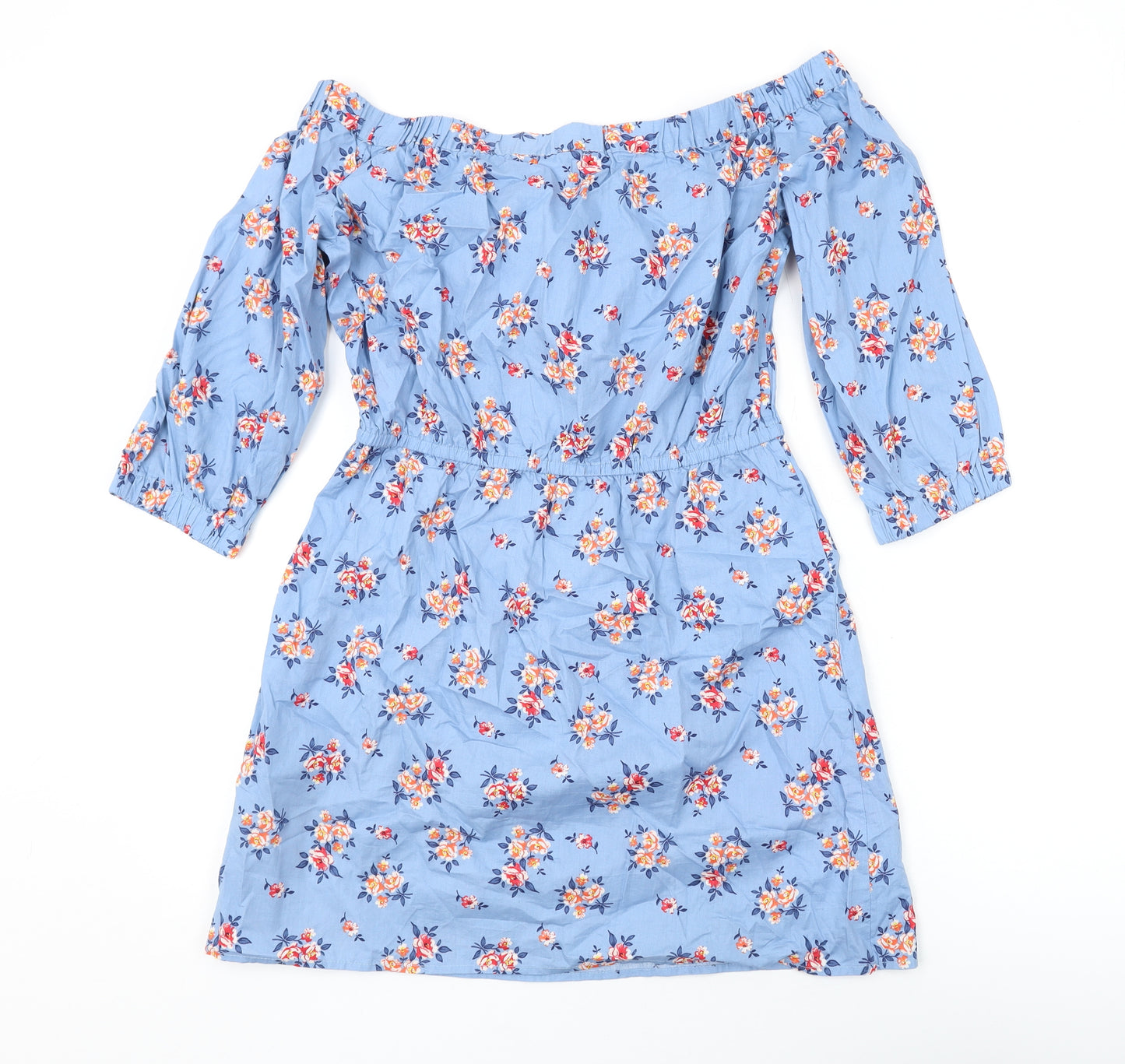 Divided by H&M Womens Blue Floral Cotton Mini Size 12 Off the Shoulder Pullover