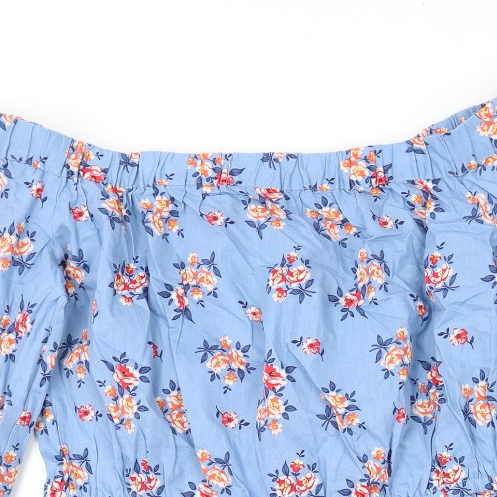 Divided by H&M Womens Blue Floral Cotton Mini Size 12 Off the Shoulder Pullover