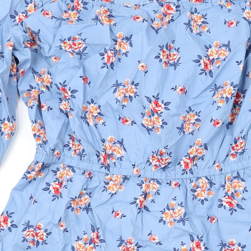 Divided by H&M Womens Blue Floral Cotton Mini Size 12 Off the Shoulder Pullover