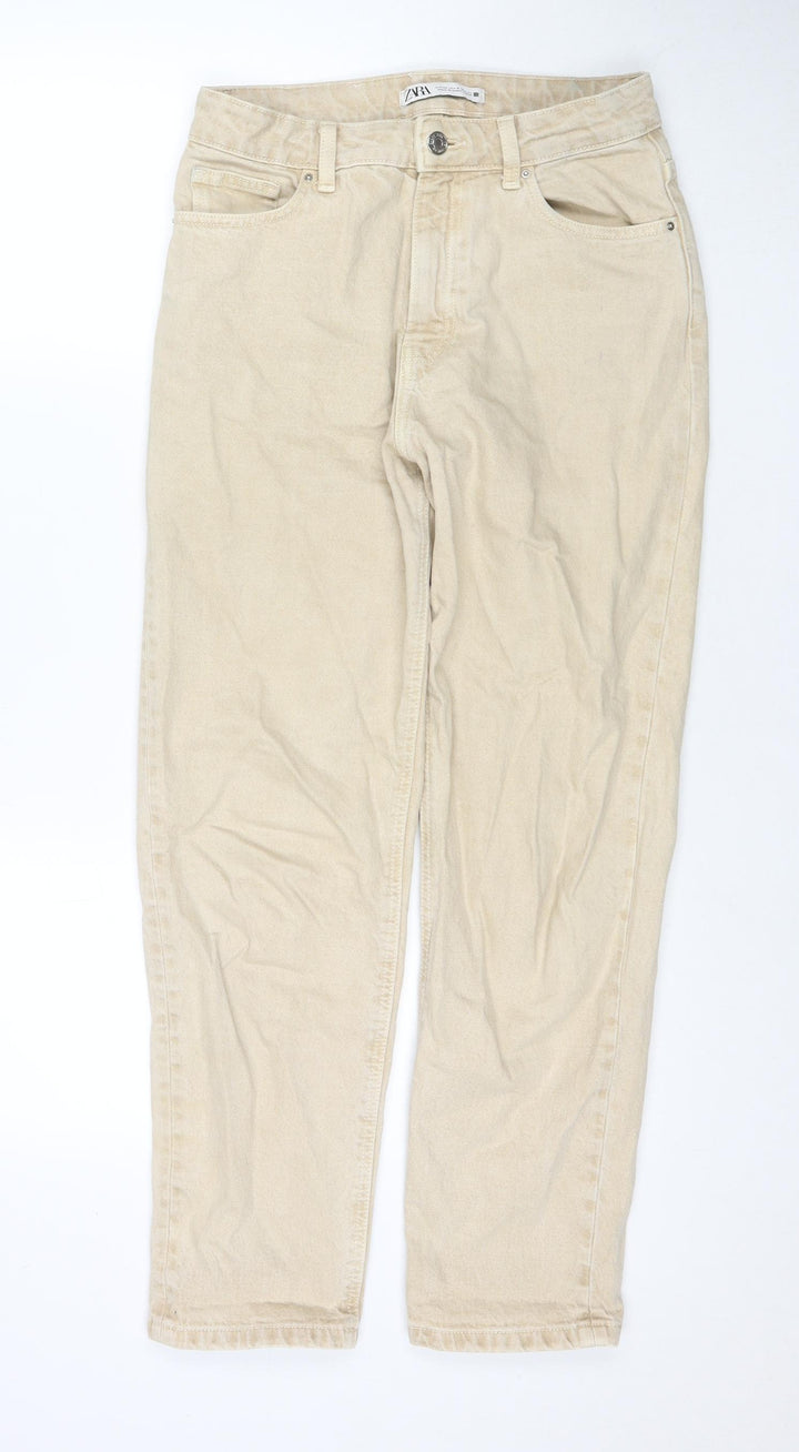 Zara Womens Beige Cotton Straight Jeans Size 8 L28 in Regular Zip