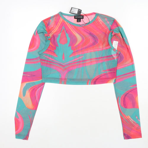 PRETTYLITTLETHING Womens Multicoloured Geometric Polyester Cropped T-Shirt Size 8 Round Neck - Cut Out Detail