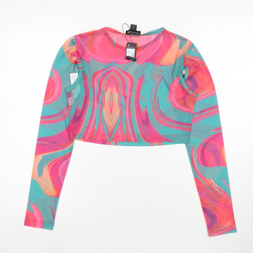 PRETTYLITTLETHING Womens Multicoloured Geometric Polyester Cropped T-Shirt Size 8 Round Neck - Cut Out Detail