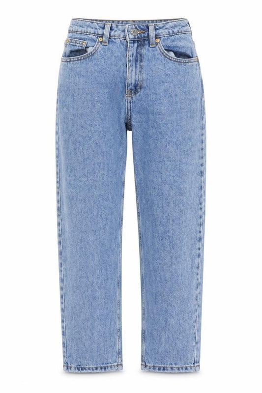 Front view of Denim & Co. women’s blue cotton mom jeans, size UK 8, 28-inch leg regular zip
