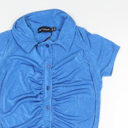PRETTYLITTLETHING Womens Blue Polyester Basic Blouse Size 10 Collared