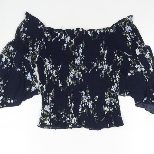 QED London Womens Blue Floral Viscose Basic T-Shirt Size M Off the Shoulder