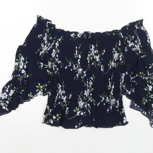 QED London Womens Blue Floral Viscose Basic T-Shirt Size M Off the Shoulder