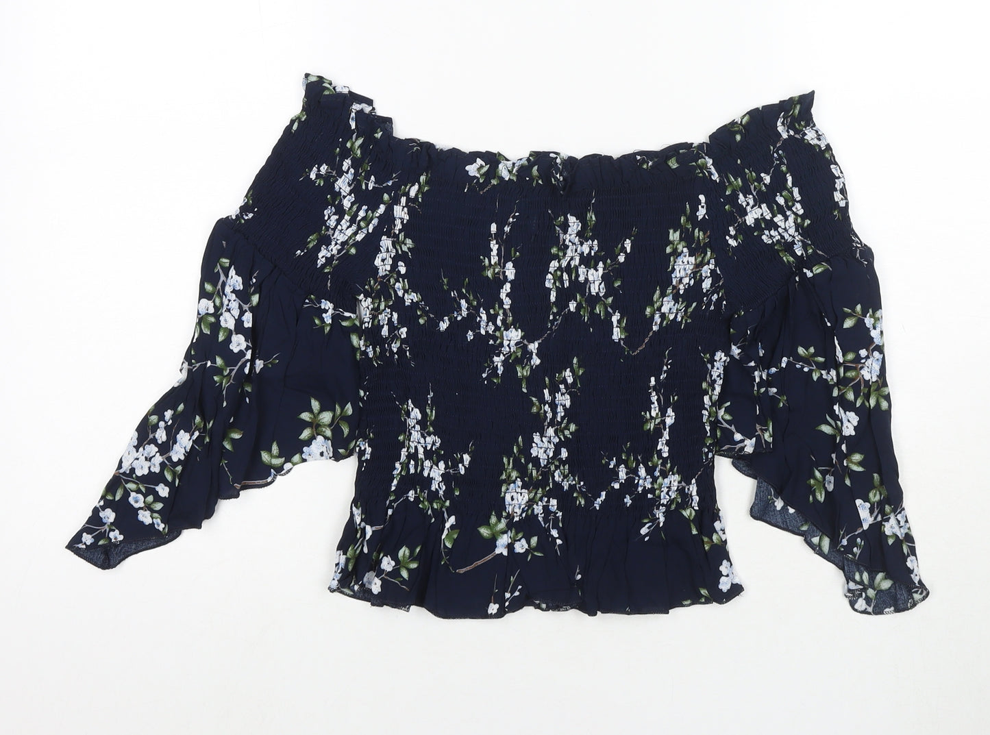 QED London Womens Blue Floral Viscose Basic T-Shirt Size M Off the Shoulder