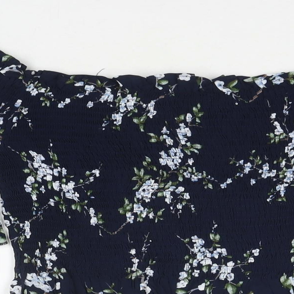 QED London Womens Blue Floral Viscose Basic T-Shirt Size M Off the Shoulder