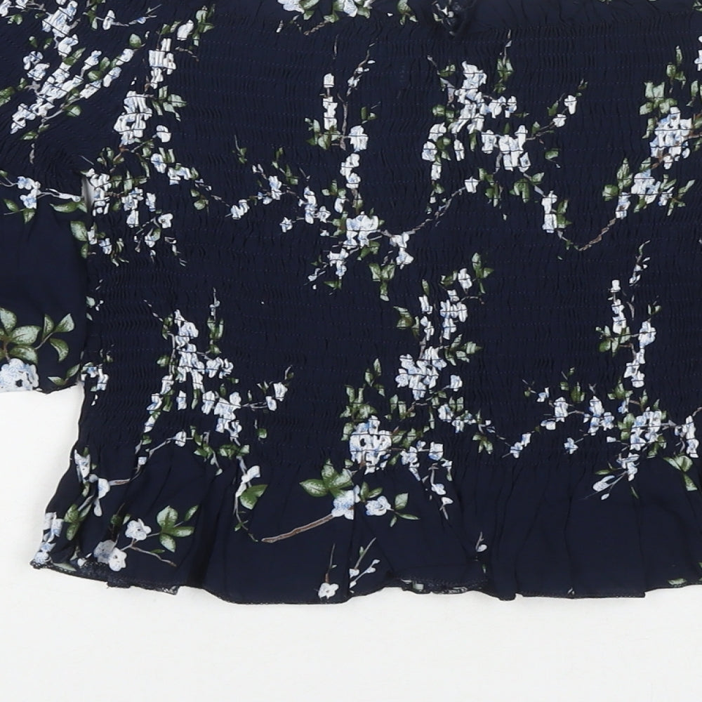 QED London Womens Blue Floral Viscose Basic T-Shirt Size M Off the Shoulder