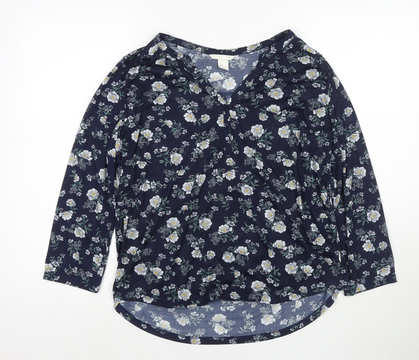 H&M Womens Blue Floral Polyester Basic Blouse Size M V-Neck