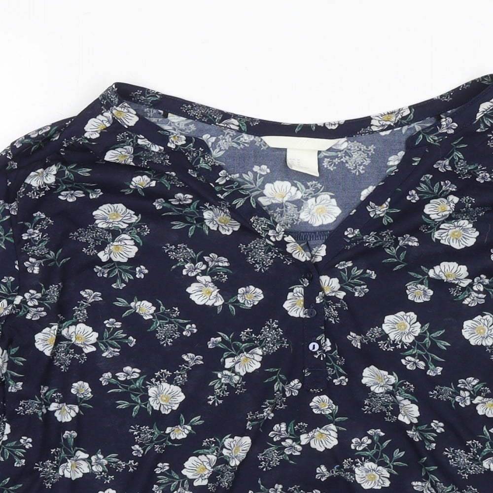 H&M Womens Blue Floral Polyester Basic Blouse Size M V-Neck