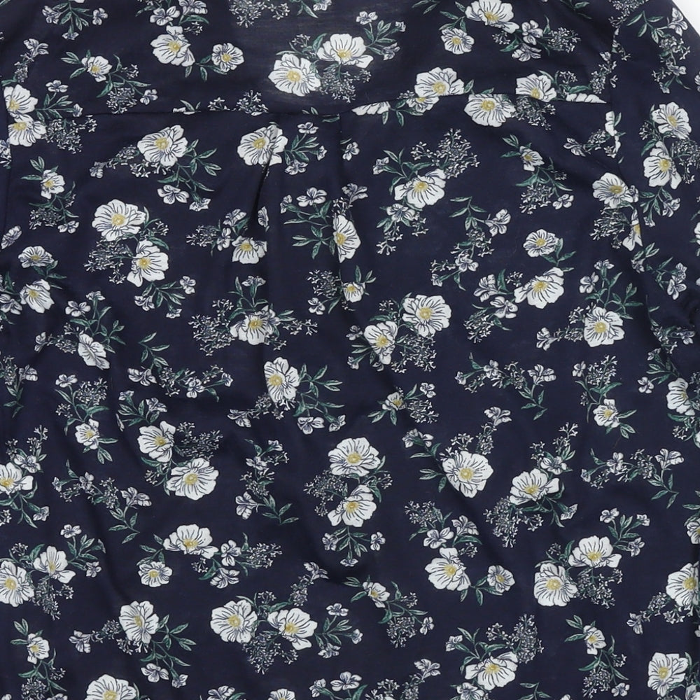 H&M Womens Blue Floral Polyester Basic Blouse Size M V-Neck