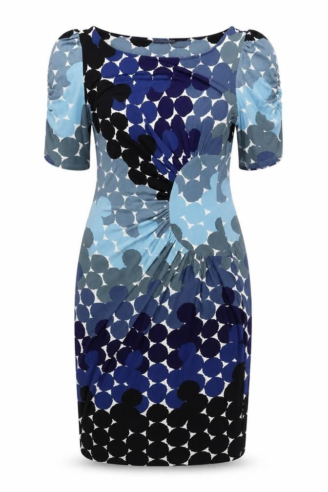 Front view of Marks & Spencer women’s blue polka dot polyester a-line, size UK 10, round neck pullover