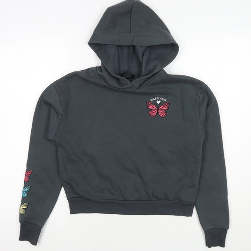 New Look Girls Grey Cotton Pullover Hoodie Size 12-13 Years Pullover - Happiness Butterflies