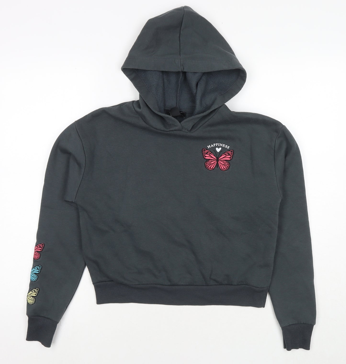 New Look Girls Grey Cotton Pullover Hoodie Size 12-13 Years Pullover - Happiness Butterflies
