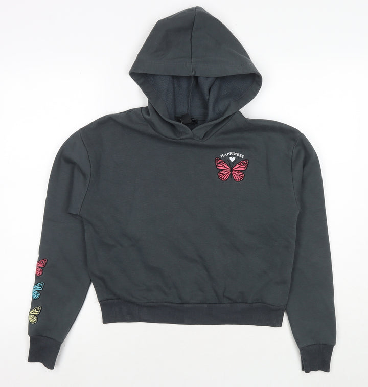 New Look Girls Grey Cotton Pullover Hoodie Size 12-13 Years Pullover - Happiness Butterflies