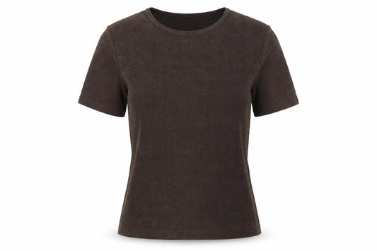 Front view of Berkertex women’s brown polyester basic t-shirt, size UK 12, round neck