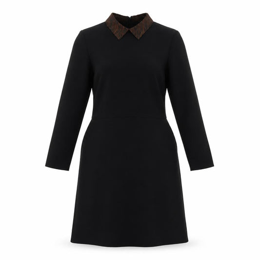 Front view of Warehouse women’s black polyester a-line, size UK 10, collared zip