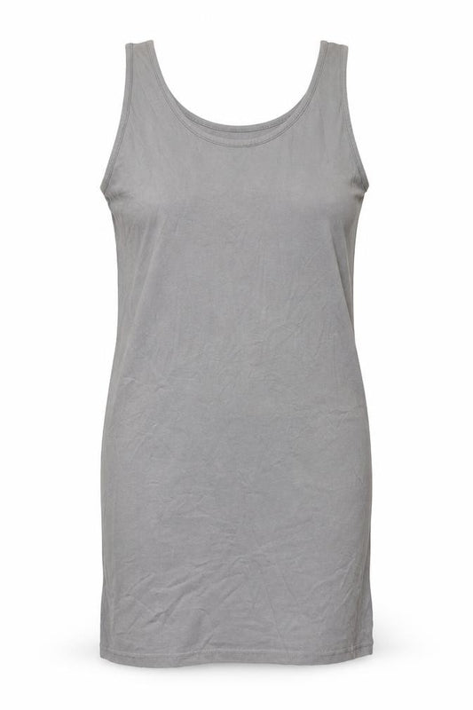 Front view of Topshop women’s grey cotton tank dress, size UK 14, scoop neck pullover
