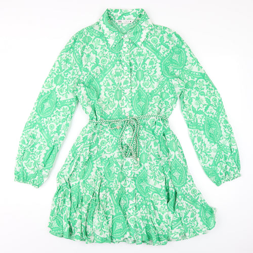 Zara Womens Green Geometric Cotton Shirt Dress Size M Collared Button