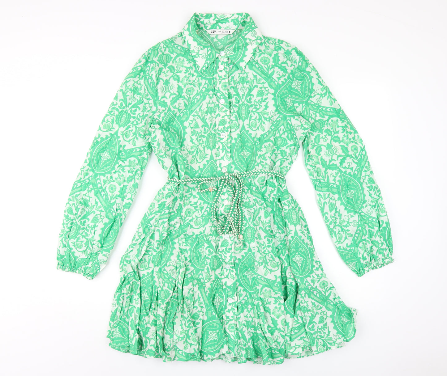 Zara Womens Green Geometric Cotton Shirt Dress Size M Collared Button