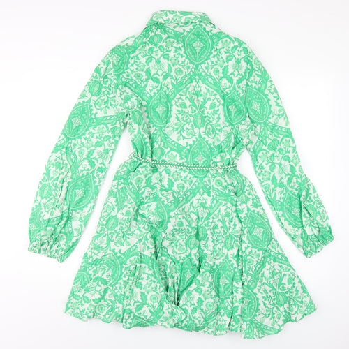 Zara Womens Green Geometric Cotton Shirt Dress Size M Collared Button