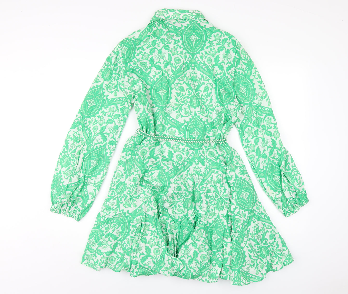 Zara Womens Green Geometric Cotton Shirt Dress Size M Collared Button