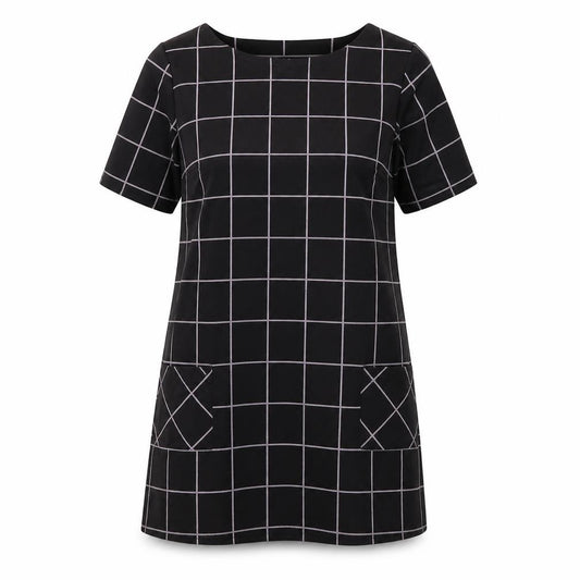 Front view of Dorothy Perkins women’s black check polyester a-line, size UK 12, round neck pullover