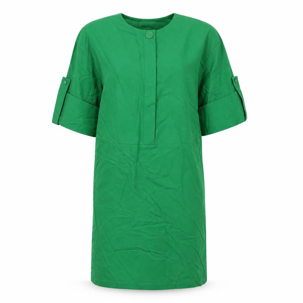Front view of Warehouse women’s green viscose a-line, size UK 8, round neck button