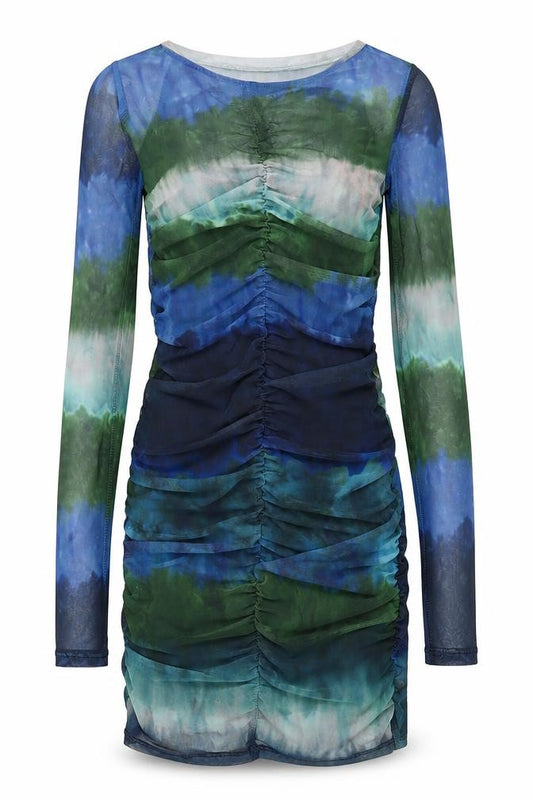 Front view of Stradivarius women’s multicoloured tie dye polyester mini, size S, round neck pullover