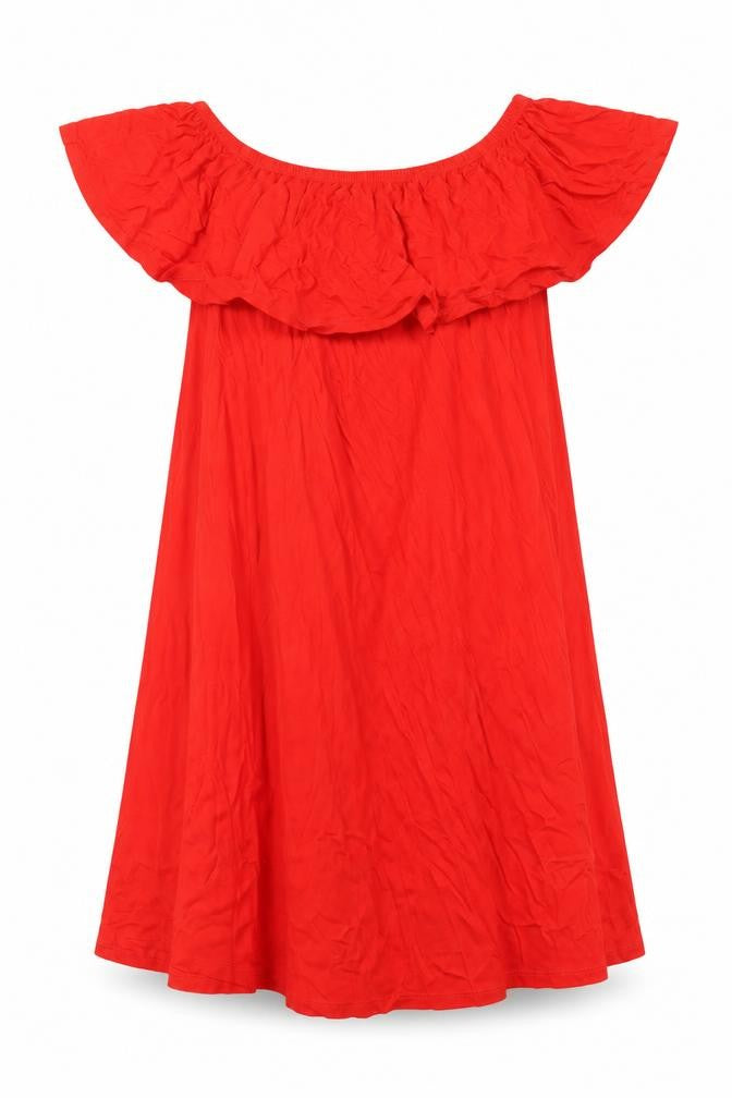 Front view of Lipsy women’s red viscose a-line, size UK 12, off the shoulder pullover