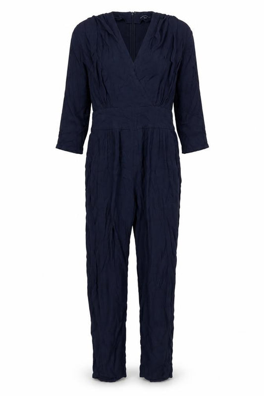 Front view of French Connection women’s blue acetate jumpsuit one-piece, size UK 12, 31-inch leg zip