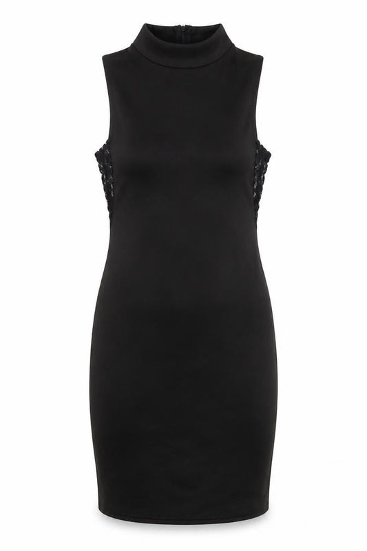 Front view of PRETTYLITTLETHING women’s black polyester bodycon, size UK 6, mock neck zip