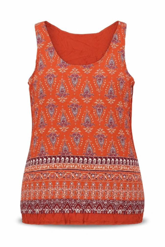 Front view of New Look women’s orange geometric polyester basic tank, size UK 10, scoop neck