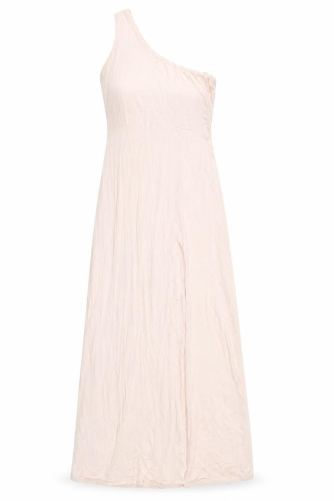 Front view of Missguided women’s pink viscose maxi, size UK 10, one shoulder pullover