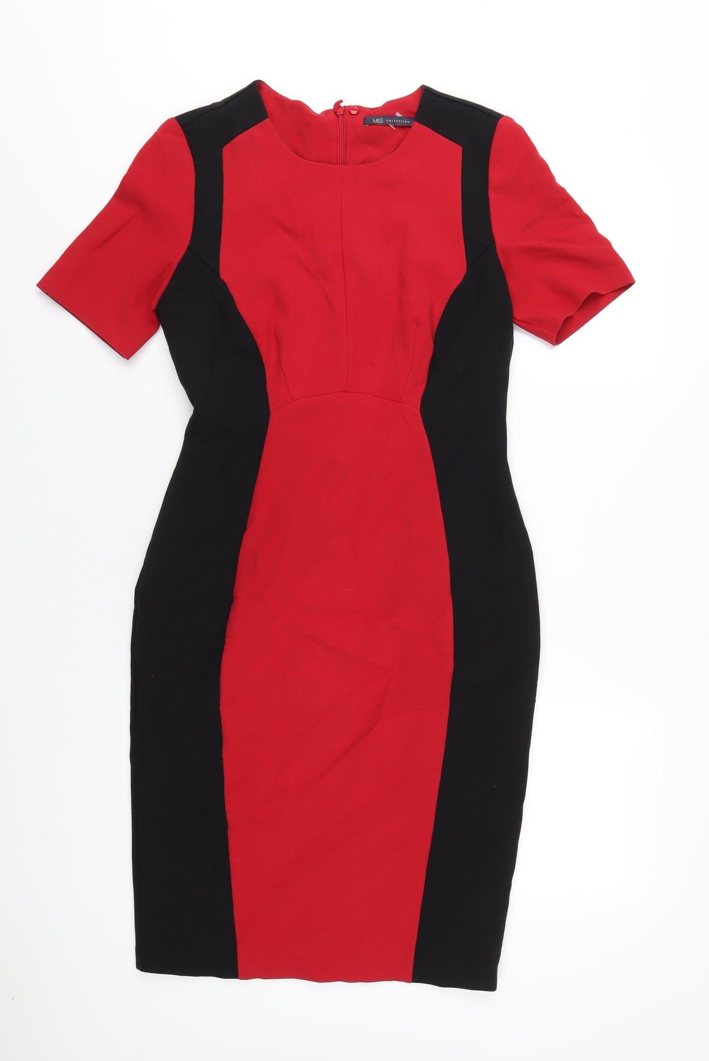 Marks and Spencer Womens Red Polyester Pencil Dress Size 10 Round Neck Zip
