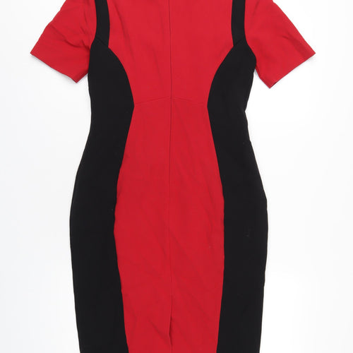 Marks and Spencer Womens Red Polyester Pencil Dress Size 10 Round Neck Zip