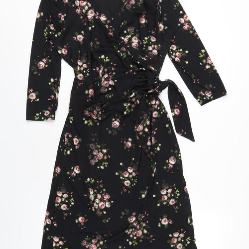 Precis Womens Black Floral Polyester A-Line Size 10 V-Neck Pullover