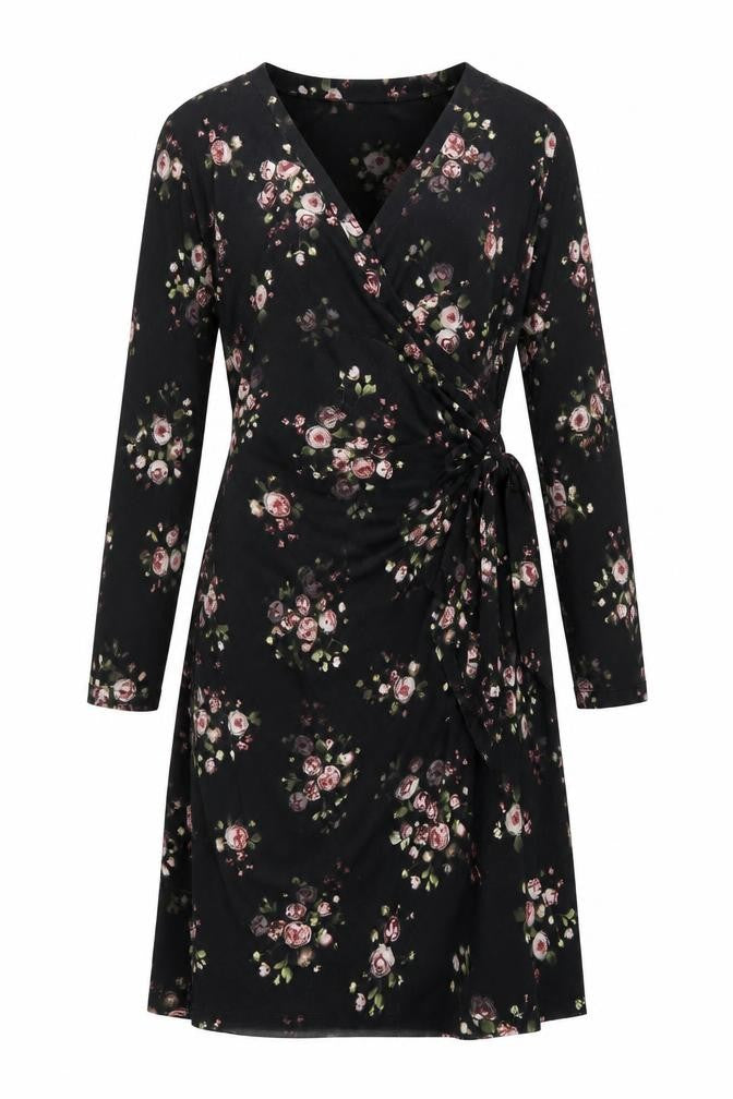 Front view of Precis women’s black floral polyester a-line, size UK 10, v-neck pullover