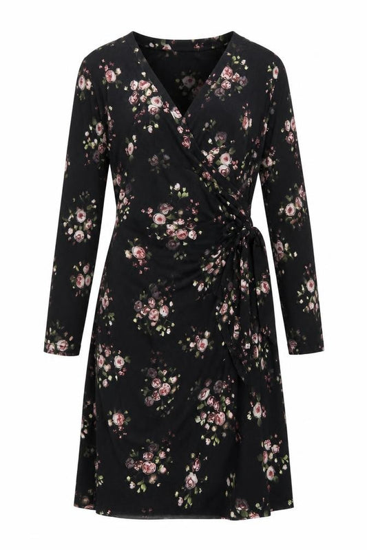 Front view of Precis women’s black floral polyester a-line, size UK 10, v-neck pullover