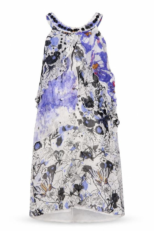 Front view of St Martins women’s multicoloured geometric viscose a-line, size UK 12, round neck button