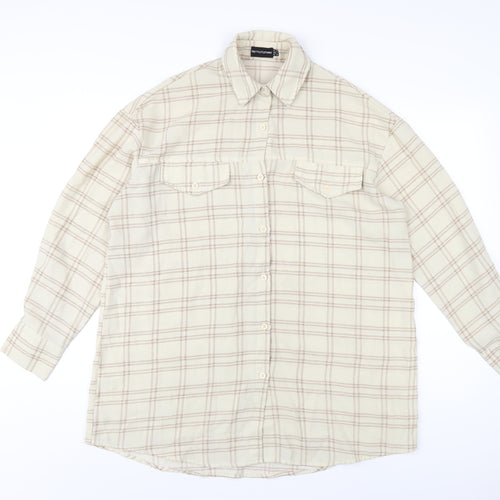 PRETTYLITTLETHING Womens Beige Plaid Polyester Shirt Dress Size 8 Collared Button