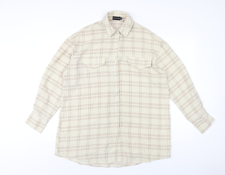 PRETTYLITTLETHING Womens Beige Plaid Polyester Shirt Dress Size 8 Collared Button