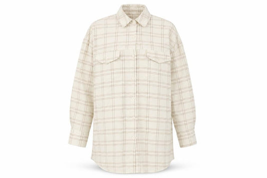 Front view of PRETTYLITTLETHING women’s beige plaid polyester shirt dress, size UK 8, collared button